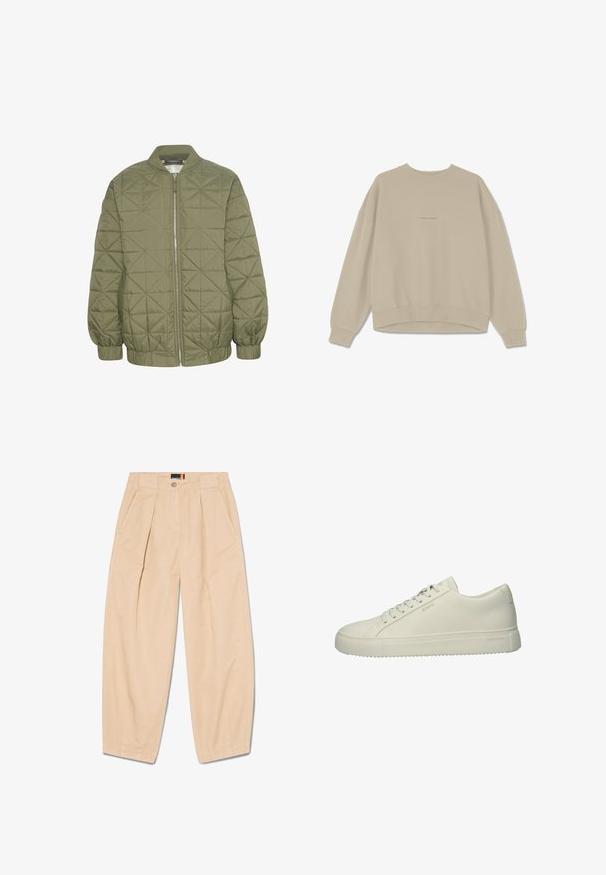 Chaqueta acolchada de color verde oliva con cierre de cremallera en el frente, cuello alzado y puños elásticos. Presenta un patrón geométrico en la tela.; Sudadera beige hecha de suave algodón, con cuello redondo, hombros caídos y puños acanalados, con la palabra "PEGAADOR" bordada en la parte frontal.; Pantalones de pierna ancha beige hechos de una tela ligera. Presentan pliegues en la parte delantera y bolsillos laterales. Textura suave y diseño minimalista.; Zapatilla de cuero blanca con textura suave, punta redonda y suela plana. Presenta un diseño limpio, cordones tonales y una sutil marca en el lateral.