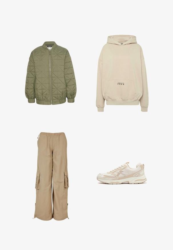 Veste matelassée vert olive avec fermeture éclair à l'avant, col montant et manches élastiquées. Présente un motif géométrique sur le tissu.; Sweat à capuche beige avec une poche avant, des poignets côtelés et une capuche à cordon. Texte "PECADOR PGDR" imprimé sur la zone de la poche.; Pantalons cargo beiges avec une taille élastique, deux poches latérales et des accents en maille ; fabriqués en tissu léger et texturé.; Baskets athlétiques beiges et blanches avec dessus en mesh et synthétique, design à lacets, semelle coussinée et languette à l'arrière, vues de côté.
