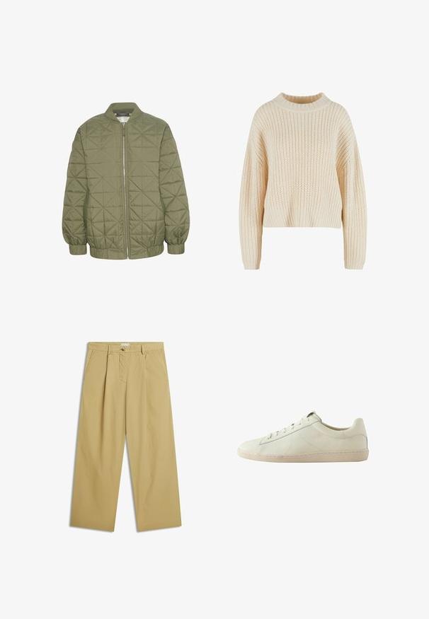 Chaqueta acolchada de color verde oliva con cierre de cremallera en el frente, cuello alzado y puños elásticos. Presenta un patrón geométrico en la tela.; Suéter de punto crema con un alto cuello acanalado, mangas anchas y un patrón texturizado en toda su superficie. Diseño corto con dobladillo acanalado.; Pantalones beige de pierna ancha con pliegues frontales, bolsillos laterales, trabillas para el cinturón y cierre con botón en la cintura.; Zapatilla blanca de piel de corte bajo con superficie texturizada, cierre de cordones y suela de goma beige, mostrada de lado sobre un fondo blanco.