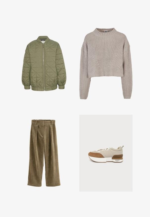 Chaqueta acolchada de color verde oliva con cierre de cremallera en el frente, cuello alzado y puños elásticos. Presenta un patrón geométrico en la tela.; Suéter corto de punto grueso beige con mangas largas y cuello redondo y puños acanalados.; Pantalones de pana de pierna ancha en verde oliva. Presentan canalones verticales, cintura alta, pliegues frontales y un corte relajado. Textura suave en toda la prenda.; Zapatilla beige y marrón con suela blanca gruesa, puntera de ante, cierre con cordones, cuello acolchado y marca "WEEKEND MaxMara" en el talón.