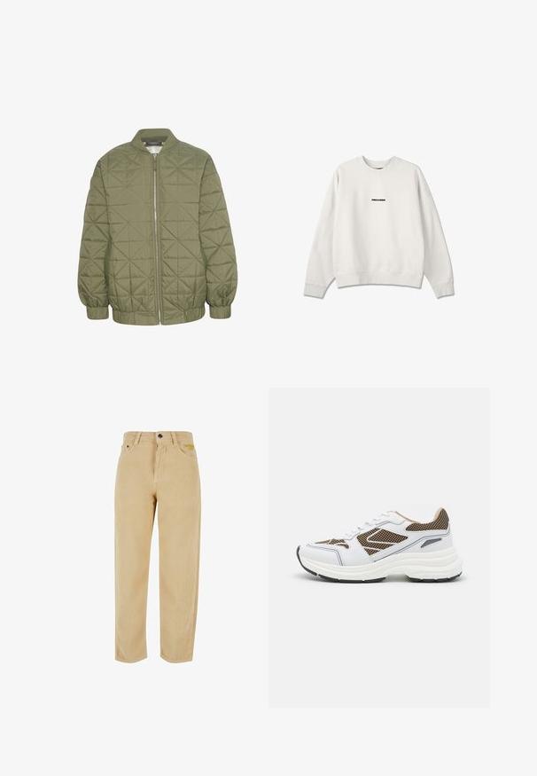 Chaqueta acolchada de color verde oliva con cierre de cremallera en el frente, cuello alzado y puños elásticos. Presenta un patrón geométrico en la tela.; Sudadera blanca con cuello redondo, mangas largas y texto pequeño en negro "PEGADOR" centrado en el pecho.; Pantalones de pana beige con rayas verticales, con un diseño de pierna recta, cinco bolsillos, un botón de metal negro y un detalle de logo bordado.; Selected SLFABBY - Zapatillas - demitasse