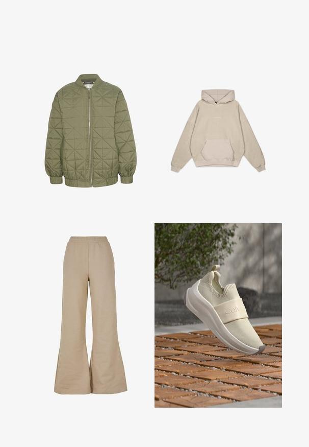 Veste matelassée vert olive avec fermeture éclair à l'avant, col montant et manches élastiquées. Présente un motif géométrique sur le tissu.; Sweatshirt à capuche beige avec une coupe décontractée, poche kangourou, manches côtelées et texture lisse. Présente des détails de logo discrets à l'avant.; Pantalons beige à jambes larges en tissu doux, dotés d'une taille élastique et d'une texture lisse avec des ourlets évasés pour un ajustement décontracté.; Chaussure de sport beige à enfiler avec une sangle élastique sur le dessus, en l'air au-dessus d'un pavement en briques marron avec un buisson vert et un mur gris en arrière-plan.