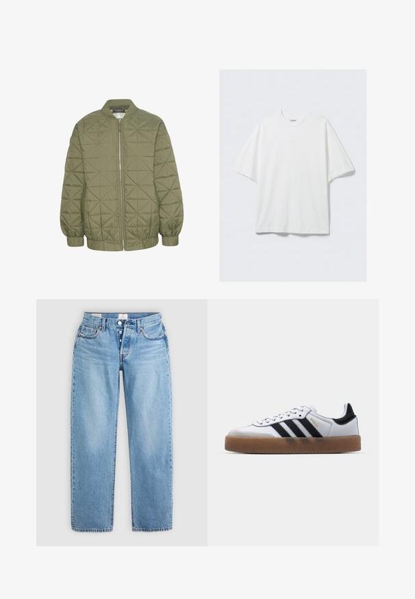Veste matelassée vert olive avec fermeture éclair à l'avant, col montant et manches élastiquées. Présente un motif géométrique sur le tissu.; T-shirt blanc surdimensionné en coton à manches courtes avec col rond et une petite étiquette de marque à l'intérieur du col.; Jean en denim bleu clair avec une coupe droite, cinq poches et une fermeture à boutons. Présente des coutures décoratives et un ourlet propre.; Baskets en cuir blanc avec des rayures noires, semelle extérieure en caoutchouc beige, bout rond, fermeture lacée et embout en suède gris doux.