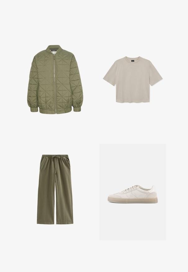 Chaqueta acolchada de color verde oliva con cierre de cremallera en el frente, cuello alzado y puños elásticos. Presenta un patrón geométrico en la tela.; Camiseta corta beige hecha de un tejido suave, con un cuello redondo y mangas cortas, un dobladillo recto y un diseño minimalista.; Pantalones de pierna ancha en verde oliva con cintura elástica, cordón ajustable y bolsillos laterales, hechos de tela suave.; Zapatillas deportivas de ante beige con perfil bajo, que presentan una parte superior texturizada, costuras tonales y una suela de goma ligera. Cordones completan el diseño.