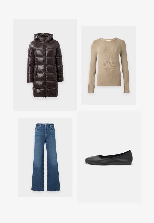 Manteau en duvet marron avec une finition brillante, capuche, fermeture éclair à l'avant et poches latérales. Il présente des sections matelassées horizontales pour l'isolation.; Haut beige à manches longues en maille côtelée, col rond, silhouette ajustée et coutures visibles aux ourlets sur fond uni.; Jean bleu taille haute à jambes larges, fermeture devant par bouton et zip, poches avant et arrière, passants pour ceinture.; Ballerines en cuir noir avec un bout rond, texture lisse, détails de couture minimalistes et design de semelle flexible.