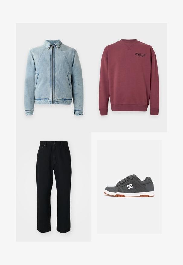 Denimjakke i lyseblå med lynlås foran, spidse krave, raglanærmer og to sidelommer. Har en glat tekstur og kantdetaljer.; Marron bomulds sweatshirt med rund hals og ribbede manchetter. Har et sort logo trykt på venstre bryst. Glat tekstur.; Sorte denim jeans med lige snit, letvægts stof, fem-lomme design og en knaplukning i taljen.; Grå sneakers med overdel i læder, hvid mellemsål, brun gummisål og perforerede detaljer. Har logo på siden og teksturerede snørebånd.