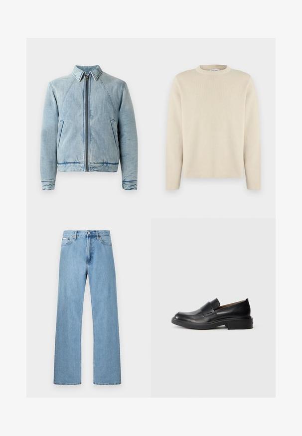 Denimjakke i lyseblå med lynlås foran, spidse krave, raglanærmer og to sidelommer. Har en glat tekstur og kantdetaljer.; Beige langærmet rundhalset sweater med subtilt lille logo på venstre bryst, vist på ensfarvet hvid baggrund.; Lyseblå straight-leg jeans i denim med fem-lomme-design og knaplukning i taljen, vist mod en ensfarvet baggrund.; Sorte læder slip-on dress sko med lav hæl og subtil Calvin Klein logo på siden, vist i profil på en hvid baggrund.