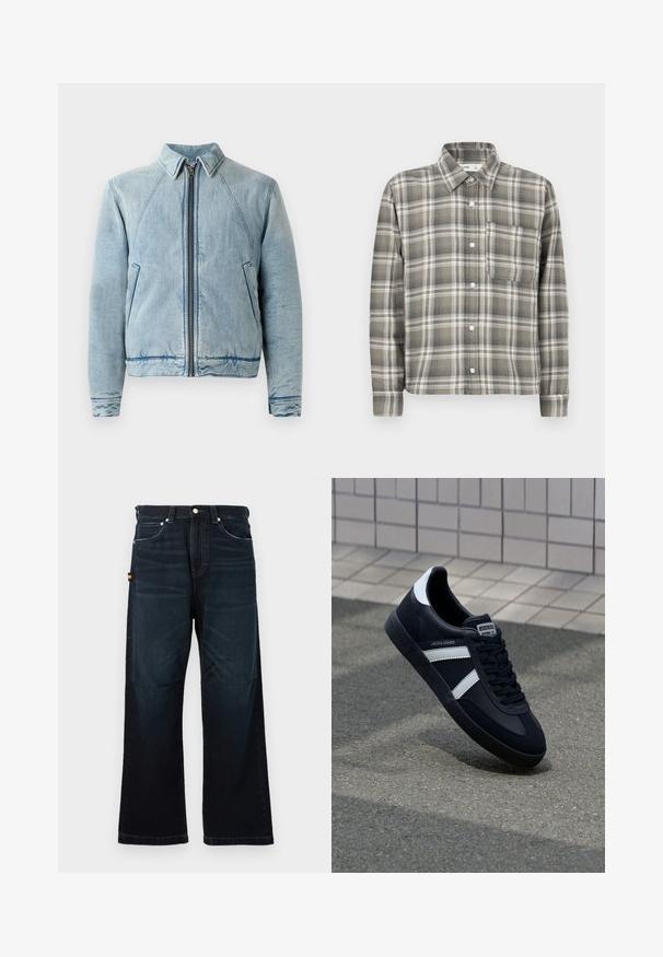 Jeansjacke in Hellblau mit durchgehendem Reißverschluss, spitzem Kragen, Raglanärmeln und zwei Seitentaschen. Sie zeichnet sich durch eine glatte Textur und Saumverzierungen aus.; Knopfhemd aus Flanell in Grautönen und Creme, mit kariertem Muster, einer Brusttasche und langen Ärmeln mit Knopfmanschetten.; Dunkelblaue gerade Jeans mit klassischem Fünf-Taschen-Design, Gürtelschlaufen und subtilen verblassten Details an der Vorderseite und an den Knien.; Schwarze Leder-Sneaker mit weißen Streifen, strukturiertem Gummisohle und Schnürung. Verfügt über ein Markenetikett auf der Zunge.