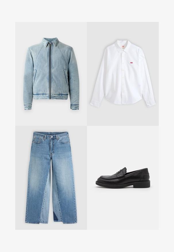 Jeansjacke in Hellblau mit durchgehendem Reißverschluss, spitzem Kragen, Raglanärmeln und zwei Seitentaschen. Sie zeichnet sich durch eine glatte Textur und Saumverzierungen aus.; Weißes langärmliges Hemd mit Knopfleiste und Kragen sowie kleinem rotem Levi's-Logo auf der linken Brustseite vor neutralem Hintergrund.; Jeans mit geradem Bein aus blauem Denim, klassischem Fünf-Taschen-Design und vorderem Knopfverschluss, flach auf neutralem Hintergrund dargestellt.; Schwarze Lederloafer mit abgerundetem Zeh, farblich abgestimmtem Nähen und einem Riemendetail an der Vorderseite. Gummi-Sohle mit niedrigem Absatz.