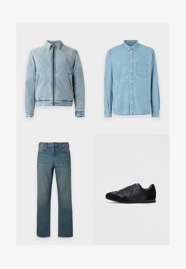 Lichtblauwe denimjack met een ritssluiting aan de voorkant, puntige kraag, raglanmouwen en twee zijzakken. Beschikt over een soepele textuur en afgewerkte zomen.; Lichtblauw denim overhemd met lange mouwen, een button-down kraag, een borstzak aan de voorkant en witte knopen middenvoor en op de manchetten.; Denim jeans in mediumblauw, rechte pijpen, voorzien van een knoopsluiting, vijf zakken en lichte vervaging aan de voorkant.; Zwarte sportschoen met een leren bovenwerk en suède accenten, met een slank ontwerp, een afgeronde neus en een rode rubberen zool.