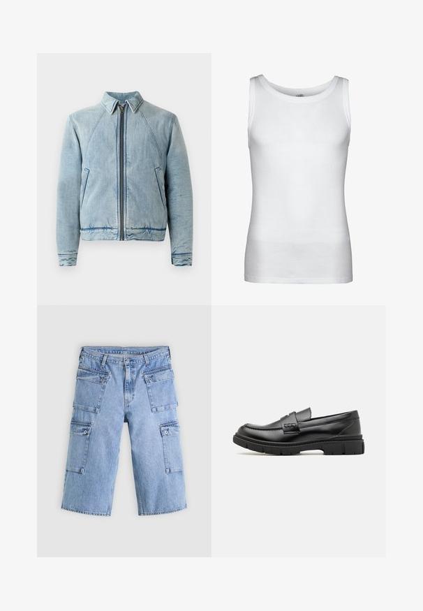 Jeansjacke in Hellblau mit durchgehendem Reißverschluss, spitzem Kragen, Raglanärmeln und zwei Seitentaschen. Sie zeichnet sich durch eine glatte Textur und Saumverzierungen aus.; Weißes ärmelloses Ripptanktop mit rundem Ausschnitt und geradem Saum, auf einfachem Hintergrund dargestellt.; Hellblaue Denim-Cargoshorts mit vier Klapptaschen und Knopfverschlüssen, flach auf einem hellen Hintergrund dargestellt.; Schwarze Lederloafer mit einem breiten Riemen über dem Rist, Gummisohle mit dicken Profilen und glatter Textur. Klassisches, schlankes Design.