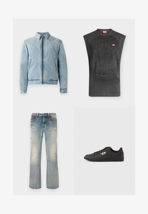Denimjakke i lyseblå med lynlås foran, spidse krave, raglanærmer og to sidelommer. Har en glat tekstur og kantdetaljer.; Ærmeløs sort Diesel t-shirt med subtilt ørne-grafik og lille rød Diesel logopatch på brystet.; Blå falmede denimjeans med slidte revner på lår og knæ, lige ben, knap- og lynlåslukning, for- og baglommer.; Sorte syntetiske sneakers med en struktureret sort sål, rund tå og flade sorte snørebånd. Fremtrædende hvidt logo på ydersiden.