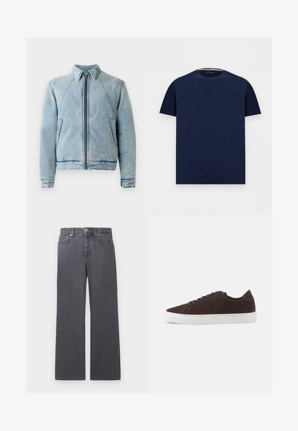 Jeansjacke in Hellblau mit durchgehendem Reißverschluss, spitzem Kragen, Raglanärmeln und zwei Seitentaschen. Sie zeichnet sich durch eine glatte Textur und Saumverzierungen aus.; Marineblaues T-Shirt mit kurzen Ärmeln und Rundhalsausschnitt, feinem strukturiertem Stoff und kleinem auf der Brust gesticktem Logo, flach auf weißem Hintergrund gelegt.; Dunkelgraue Denim-Jeans mit geradem Bein, hoher Taille, Vorderknopf, Reißverschluss und Fünf-Taschen-Design vor weißem Hintergrund.; Dunkelbrauner Veloursleder-Low-Top-Sneaker mit passenden Schnürsenkeln und dicker weißer Gummisohle, von der Seite auf einfachem Hintergrund gezeigt.