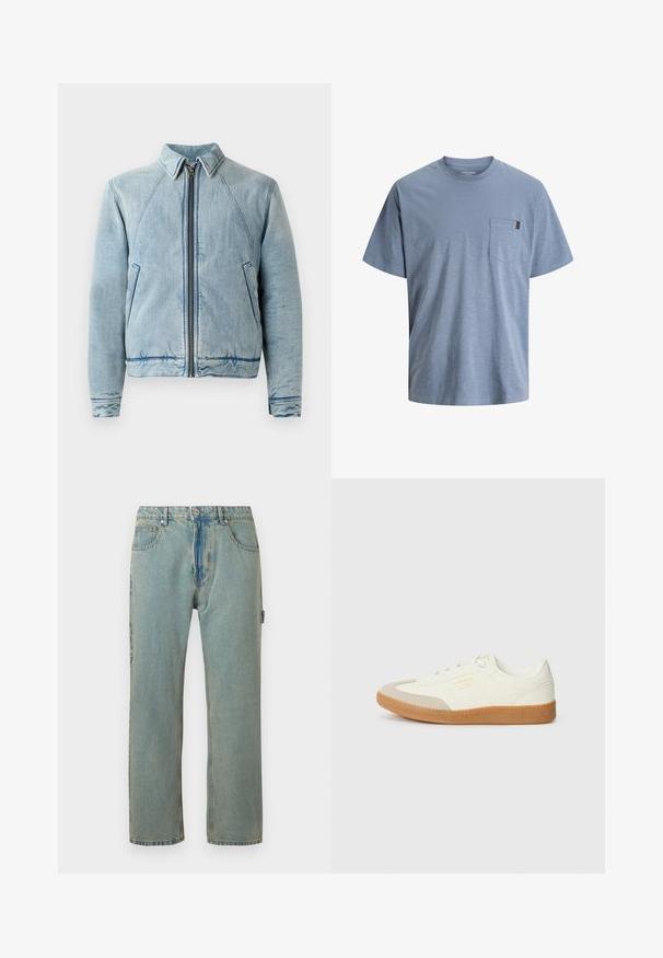 Denimjakke i lyseblå med lynlås foran, spidse krave, raglanærmer og to sidelommer. Har en glat tekstur og kantdetaljer.; Blå bomuld T-shirt med rund hals og korte ærmer. Har en patch-lomme på venstre bryst og en struktureret overflade.; Lys blå, løstsiddende denimjeans med fem lommer, knaplukning og synlige syninger. Stoffet har et falmet, tekstureret udseende.; Sneaker lavet af hvid læder med en beige tåhætte og let brunt gummisål. Har flade hvide snørebånd og prægede branding på siden.