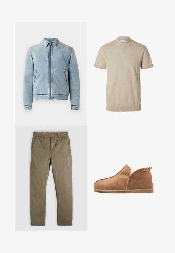 Denimjakke i lyseblå med lynlås foran, spidse krave, raglanærmer og to sidelommer. Har en glat tekstur og kantdetaljer.; Beige kortærmet polo med krave og tre knapper, ribkant ved ærmer og nederkant, ensfarvet strikstof.; Kaki chinos lavet af bomuld med en glat tekstur. De har et klassisk design, lige ben og forlommer.; Suedestøvle i tan med en blød fleeceforing. Lavskåret design med en flad gummisål og et mærket lædermærke på siden.