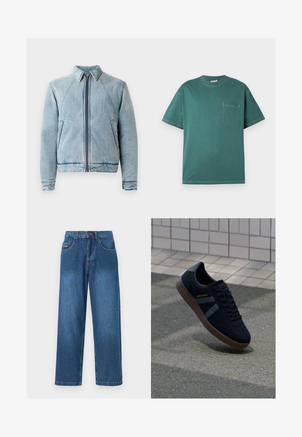 Jeansjacke in Hellblau mit durchgehendem Reißverschluss, spitzem Kragen, Raglanärmeln und zwei Seitentaschen. Sie zeichnet sich durch eine glatte Textur und Saumverzierungen aus.; Türkisfarbenes T-Shirt mit kurzen Ärmeln, weißer Naht und einer Brusttasche auf der linken Seite, vor einem schlichten weißen Hintergrund präsentiert.; Denim-Jeans in einem mittleren Blauton mit geradem Bein, fünf Taschen und gelben Nähtelementen.; Schwarze Sneaker mit strukturierter Oberfläche, dunkelgrünen Streifen und brauner Gummisohle. Mit Schnürung und Branding an der Seite.