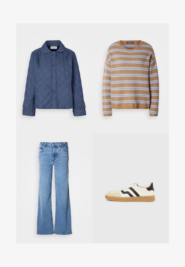Chaqueta acolchada de color azul oscuro con rayas blancas verticales, que incluye un cuello, siete botones y mangas con puños.; Mos Mosh TWO STRIPE - Jersey de punto - true camel; Vaqueros de pierna ancha azul claro hechos de mezclilla. Presentan un diseño clásico de cinco bolsillos y una bragueta con botones visibles. Textura suave y acabado sin adornos.; Zapatilla blanca con puntera beige, rayas negras laterales, suela marrón claro y diseño de corte bajo.