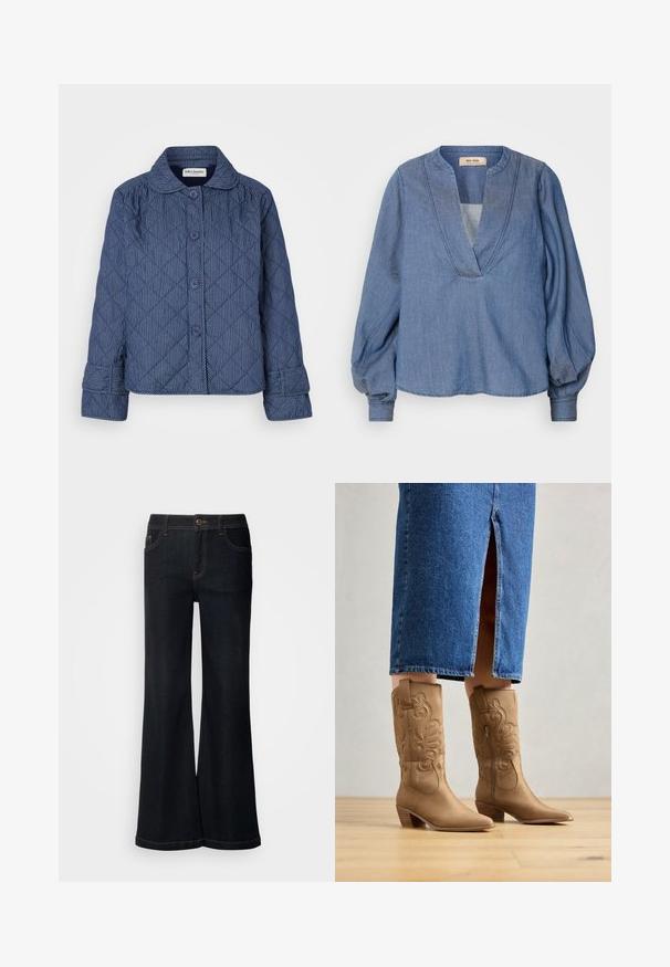 Gequilted jas in donkerblauw met verticale witte strepen, voorzien van een kraag, zeven knopen en manchet sleeves.; Lichtblauwe denim blouse met een diepe V-hals, ballonmouwen en een losse pasvorm. Kenmerkt zich door gestructureerde stiksels langs de halslijn en manchet.; Mos Mosh MMDARA DELUXE JEANS - Relaxed fit jeans - dark blue; Tan leren westernlaarzen met decoratieve stiksels, een spitse neus en een gestapelde hak. Draag met een spijkerrok tot de knie, waardoor de laarzen zichtbaar zijn.