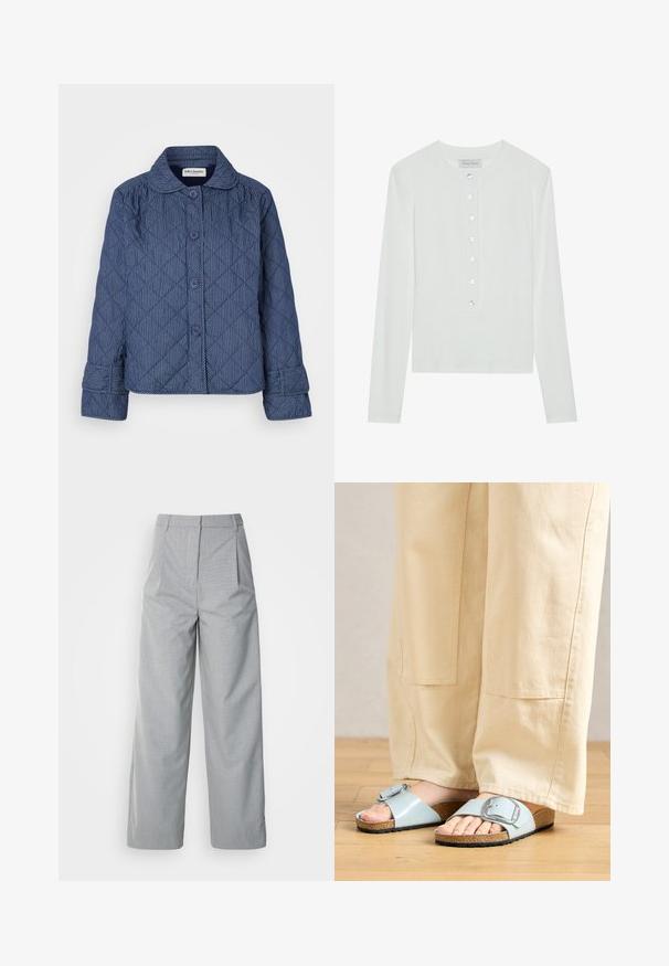 Quiltsjakke i mørkeblå med lodrette hvide striber, med krave, syv knapper og opsmøgede ærmer.; Hvid langærmet top lavet af ribbet stof, med en rund halsudskæring og en knaplukning foran med seks klare knapper.; Grå bredebukser lavet af tekstureret stof, med høj talje, læg foran og en lige pasform ned til kanten.; Lysblå strandsandaler med en bred rem og sølvspænde, der har en tekstureret kork-sål og en sort gummiydersål.