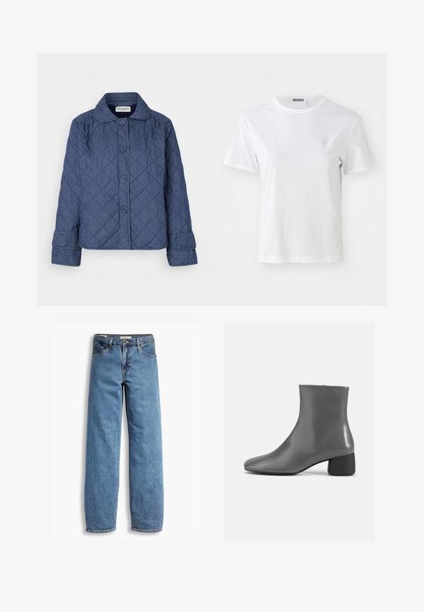 Chaqueta acolchada de color azul oscuro con rayas blancas verticales, que incluye un cuello, siete botones y mangas con puños.; Camiseta blanca de manga corta hecha de una tela suave. Cuenta con un escote redondo y un corte recto, con una etiqueta en el cuello interior.; Vaqueros de denim azul claro con corte recto, cinco bolsillos, costuras visibles y una textura ligeramente desgastada. Cierre estándar de botón y cremallera.; Botín de cuero gris con un diseño elegante, punta afilada y un tacón corto tipo bloque. Textura suave con un mínimo de marcas en el costado.
