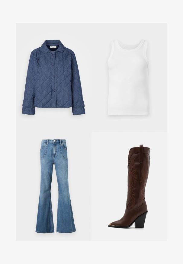 Chaqueta acolchada de color azul oscuro con rayas blancas verticales, que incluye un cuello, siete botones y mangas con puños.; Camiseta sin mangas de algodón blanco con costillas y escote redondo, exhibida plana sobre un fondo gris claro.; Jeans de mezclilla azul claro de cintura alta con piernas anchas y acampanadas y bolsillos delanteros curvos, exhibidos sobre un fondo blanco.; RAID RIMSKY - Botas de tacón - brown