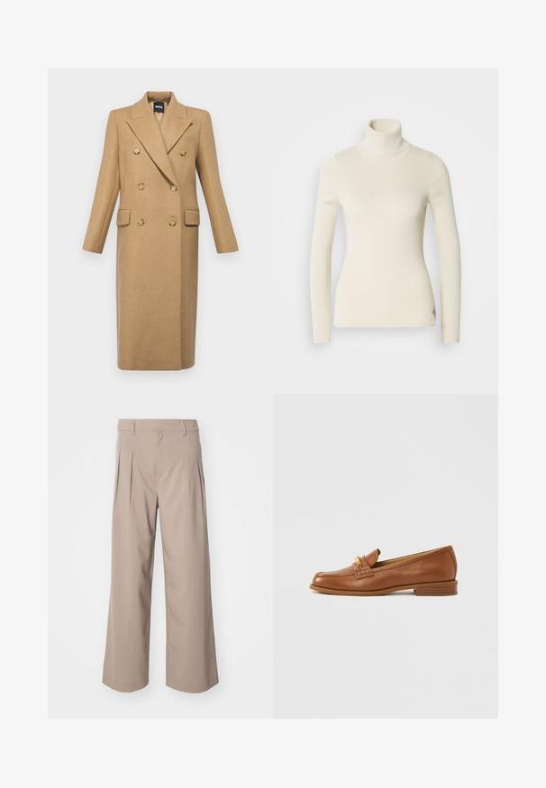 BOSS CALLAF - Klassisk frakke - medium beige; Cremefarvet turtleneck sweater lavet af ribbet stof. Har lange ærmer, tætsiddende design og et lille logo på kanten. Blød tekstur.; Beige brede bukser med læg, lavet af glat stof. Har en mellemhøj talje og en ren, skræddersyet silhuet.; Brun læderloafer med rundet tå, dekorativ strop og lille hæl. Glat tekstur, subtile syningsdetaljer og guldfarvede metalbeslag.