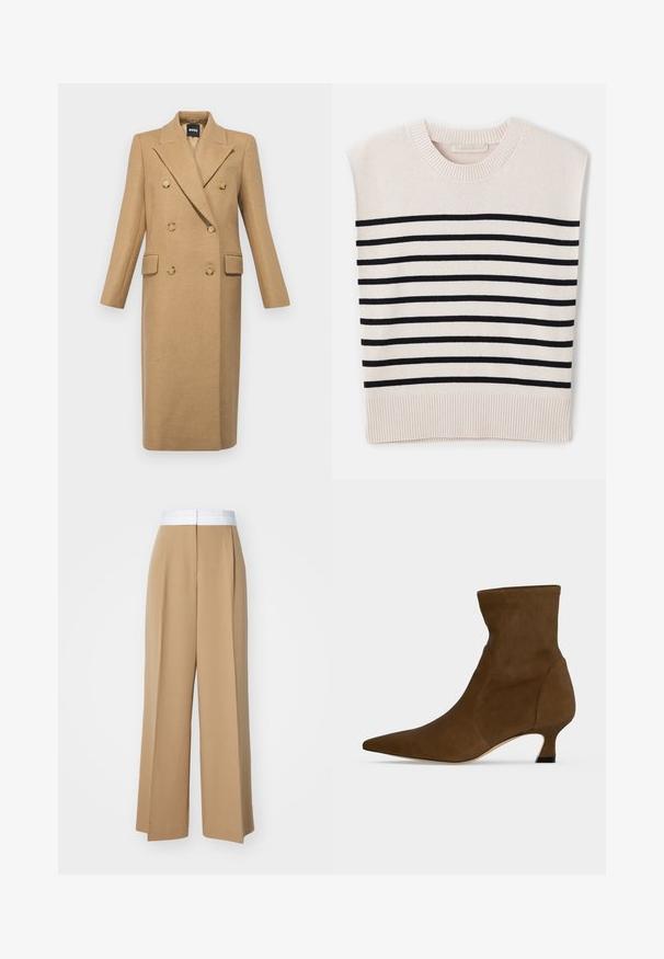 BOSS CALLAF - Mantel - medium beige; Vanessa Bruno CASSANDRA - Trui - ecru/marine; Brede broek van lichtbruin stof met een contrasterende witte tailleband. Kenmerkt zich door strakke lijnen en geen zichtbare patronen of versieringen.; Bruine enkellaars met spits toelopende neus en lage kittenhak, gemaakt van glad materiaal, getoond tegen een effen achtergrond.