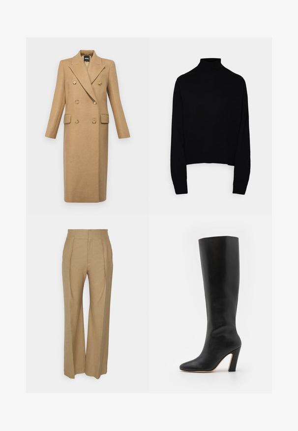 BOSS CALLAF - Klassisk frakke - medium beige; Sort rullekrave sweater, strikket tekstur, langtærmede, tætsiddende design, ribbet kant og manchetter, alsidig til lagdeling.; Beige bredde bukser lavet af tekstureret stof, med frontplisser og høj talje. Ingen synlige lommer eller udsmykninger.; Sort højhælet støvle i læder med spids tå og en elegant, høj skaft. Hælen er blokformet med en let kurve for støtte.