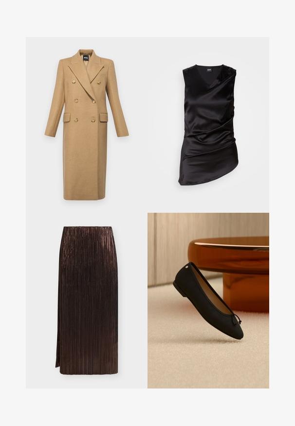 BOSS CALLAF - Klassisk frakke - medium beige; Sort ærmeløs top lavet af glat satin, med V-hals og draperet design, asymmetrisk kant og subtilt samlet tekstur.; Mørkebrun metallisk plisseret midi-nederdel med høj talje og sideslids på en ensartet lys baggrund.; Enkelt sort balletsko med lille sløjfe og gulddetalje, placeret på beige tæppe nær et rundt bord i ravfarve.