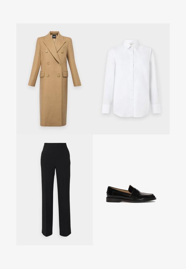 BOSS CALLAF - Klassisk frakke - medium beige; Hvid langærmet skjorte lavet af glat stof, med knaplukning foran, klassisk krave og rundet bagkant med knappede manchetter.; Sorte, lige bukser med en glat tekstur. Har en talje og ingen synlige mønstre eller accenter. Klassisk og skræddersyet design.; Sorte læder loafers med glat finish, afrundet tå og en dekorativ rem over fronten. Lav blokhælsdesign.
