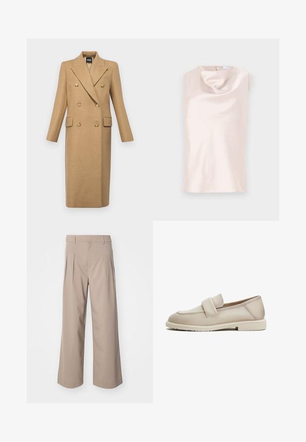 BOSS CALLAF - Klassinen takki - medium beige; Silkinpehmeä, hihaton toppi pehmeässä beige-sävyssä, jossa on laskostettu kaula-aukko. Varustettu huomaamattomalla takavetoketjulla ja sileällä, kiiltävällä pinnalla.; Harmaat leveät housut, joissa on laskokset, valmistettu sileästä kankaasta. Ominaisuuksiin kuuluu keskimittainen vyötärö ja siisti, räätälöity siluetti.; Beige mokasiner i läder med en slät yta, försedda med ett upphöjt band över ovansidan och en låg, platt gummisula.