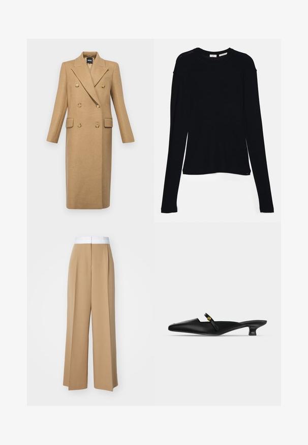 BOSS CALLAF - Klassisk frakke - medium beige; Sort langærmet bluse lavet af blødt stof, med rund halsudskæring og en afslappet pasform med sideslids i kanten for nem bevægelse.; Bredde benbukser i et lysebrunt stof med en kontrasterende hvid talje. Har rene linjer og ingen synlige mønstre eller udsmykninger.; Sort mule med spids tå, lav kittenhæl og tynd rem over vristen med en lille guldknapdetalje.