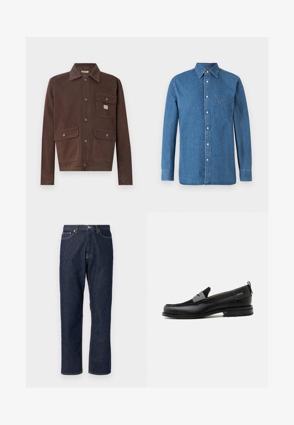 Braune, langärmlige Jacke aus strapazierfähigem Stoff. Verfügt über einen Kragen, eine Knopfleiste und zwei Brusttaschen mit Klappen. Glatte Textur.; Blaue Jeanshemd mit Button-Down-Kragen, langen Ärmeln, Frontknopfleiste und einer Brusttasche mit Logo-Akzent.; Dunkelblaue Denimjeans mit geradem Bein-Design. Verfügt über einen Knopf- und Reißverschluss, fünf Taschen und Kontrastnähte.; Schwarzer Lederloafer mit grauem Riemendetail, niedrigem Absatz und strukturierter Sohle, seitlich mit „HUGO“ in Gold gebrandmarkt.
