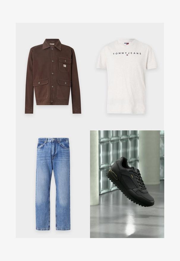 Chaqueta marrón de manga larga hecha de tejido duradero. Presenta un collar, cierre de botones y dos bolsillos en el pecho con solapas. Textura suave.; Camiseta de algodón gris claro con cuello redondeado, mangas cortas y un logo negro "TOMMYJEANS" en el pecho. Textura suave.; Jeans de mezclilla azul claro con un diseño de pierna recta, cinco bolsillos, costuras en contraste y un acabado ligeramente desgastado. Cierre de botón y cremallera.; Zapatilla deportiva negra con paneles texturizados, cierre de cordones y detalle dorado en el talón, flotando sobre un suelo de hormigón pulido.