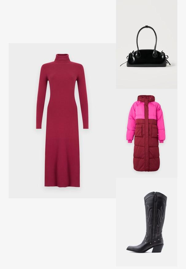 Abrigo tipo puff con capucha, diseño a bloques de colores en rosa fucsia y burdeos, dos bolsillos frontales y puños elásticos, confeccionado en tejido texturizado.; Vestido de punto acanalado de manga larga en color burdeos, con cuello alto, silueta entallada y dobladillo recto. Textura suave en todo el vestido.; Botas vaqueras de cuero negro con puntera puntiaguda, costuras visibles, detalles de tachuelas plateadas y cierre de cremallera en el lado interior.; Pequeño bolso negro brillante con dos asas largas y detalles de cordón lateral sobre un fondo claro liso.