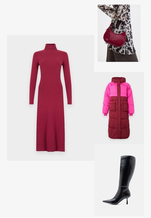 Puffermantel mit Kapuze, farblich unterteilt in Neonpink und Burgunderrot, zwei vordere Taschen und elastische Bündchen, hergestellt aus strukturiertem Stoff.; Bordeauxrotes, geripptes Strickkleid mit langen Ärmeln, hohem Kragen, figurbetonter Silhouette und geradem Saum. Durchgehend glatte Textur.; Schwarze kniehohe Stiletto-Stiefel mit glänzender Lederoberfläche, spitzem Zeh und schlankem, konisch zulaufendem Absatz, die eine glatte Oberfläche und ein elegantes Design aufweisen.; Frau trägt eine schwarz-weiß gemusterte Bluse und hält eine glänzende rote Schultertasche vor einem einfarbigen Hintergrund.