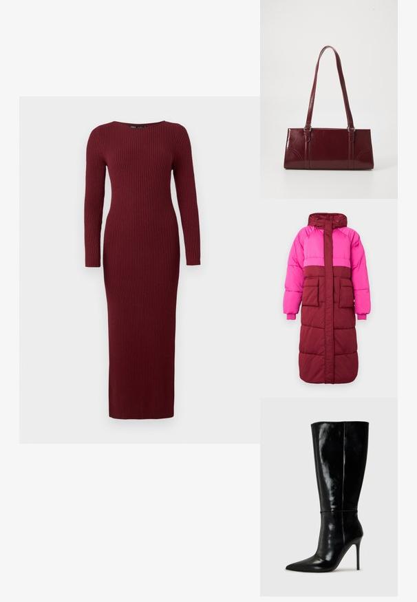 Puffermantel mit Kapuze, farblich unterteilt in Neonpink und Burgunderrot, zwei vordere Taschen und elastische Bündchen, hergestellt aus strukturiertem Stoff.; Burgunderfarbenes, geripptes Maxikleid mit langen Ärmeln und einem Boot-Ausschnitt, das eine figurbetonte Silhouette und eine subtile Textur aufweist.; Schwarze Leder-Knielange Stiefel mit spitzem Schuh und hohem Stiletto-Absatz. Glatte Textur und elegantes Design, das sich durch minimale Details auszeichnet.; Burgunderfarbene Handtasche aus glänzendem Material, rechteckige Form, mit zwei Schulterriemen und subtilen, geschwungenen Akzenten an der Vorderseite.
