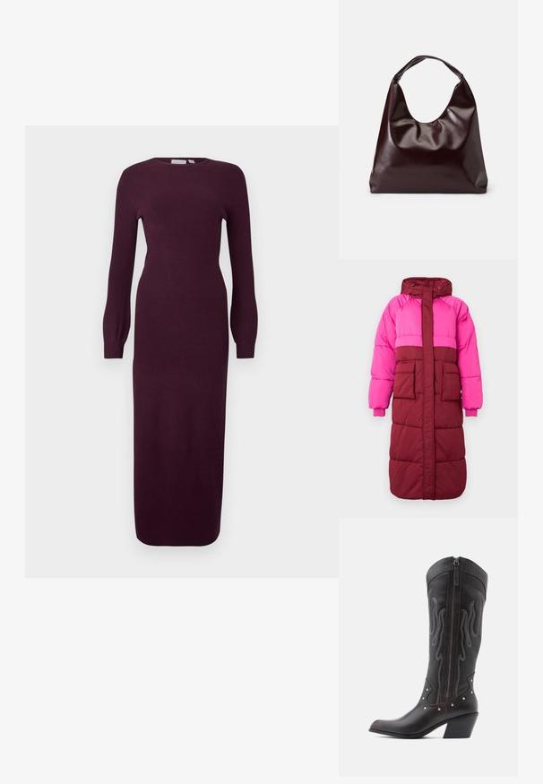 Abrigo tipo puff con capucha, diseño a bloques de colores en rosa fucsia y burdeos, dos bolsillos frontales y puños elásticos, confeccionado en tejido texturizado.; Vestido de punto burdeos de manga larga con silueta ajustada, escote redondo y textura acanalada; hasta la rodilla con mangas ligeramente acampanadas.; Botas de cowboy de cuero marrón con costuras en forma de llama, cremallera lateral, tachuelas plateadas, punta puntiaguda y tacón apilado.; Bolso tote vegan de cuero brillante en burdeos, con una forma suave y escultórica y un asa ancha y curvada para facilitar el transporte.