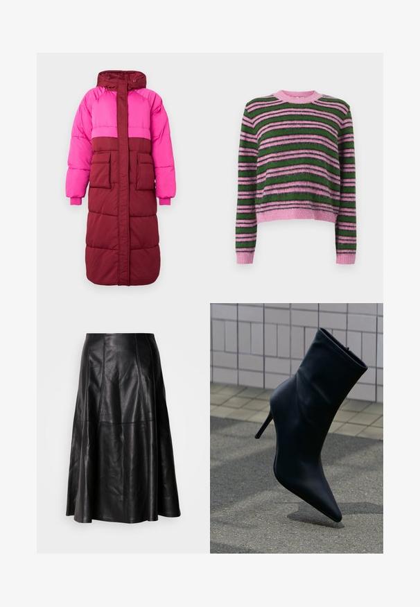 Pufjakke med hætte, farveblokering i hot pink og bordeaux, to forlommer og elastiske manchetter, lavet af tekstureret stof.; Stripet trøje med nuancer af pink og grøn, lavet af blødt materiale, med rund halsudskæring og ribbede manchetter for tekstur.; Sort lædernederdel med en flagrende silhuet, der har synlige sømme og en glat tekstur. Mellemlang design med en klassisk snit.; Sort læder ankelstøvle med spids tå og høj stilet hæl på flisebelagt fortov og asfaltbaggrund.
