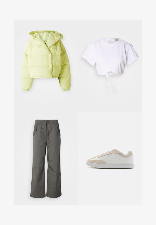 Veste courte en duvet de couleur jaune clair avec une capuche, présentant des sections matelassées horizontales, des poignets élastiques et une texture lisse et brillante.; T-shirt blanc court en tissu lisse. Présente un col rond, des manches courtes et un cordon de serrage en bas pour des ajustements.; Pantalons gris à jambes larges en tissu léger, dotés d'une taille élastique, d'un cordon de serrage et de deux poches latérales avec des accents en bouton.; Baskets en cuir blanc avec des accents en suède beige et des lacets blancs. Elles présentent un bout arrondi et une semelle rembourrée pour plus de confort.