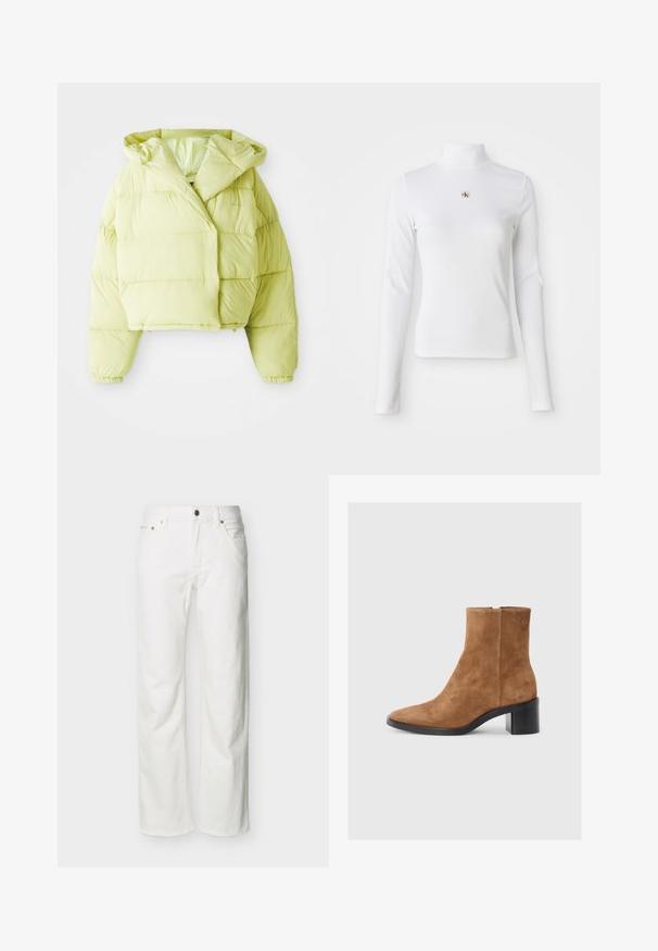 Veste courte en duvet de couleur jaune clair avec une capuche, présentant des sections matelassées horizontales, des poignets élastiques et une texture lisse et brillante.; Top à col roulé blanc à manches longues en matière côtelée. Présente un petit logo brodé au centre. Design ajusté sans motifs.; Jean blanc à jambes droites avec poches avant, passants pour ceinture, fermeture par bouton, et coutures visibles sur un fond uni.; Bottine en suede marron avec un bout pointu, un talon moyen rectangulaire et un discret logo en relief. Fermeture éclair sur le côté.