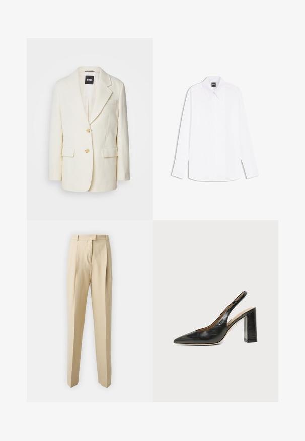 Blazer blanc en tissu texturé, avec un revers cranté, deux poches avant et des boutons dorés. Design simple et élégant avec une coupe ajustée.; Chemise blanche à manches longues avec col pointu et patte de boutonnage cachée, étiquetée "BOSS" au niveau du col.; Pantalons beiges ajustés avec une coupe droite, dotés de plis, d'une ceinture et d'une texture lisse. Pas de poches visibles ni d'ornements.; Chaussure slingback en cuir noir à bout pointu avec un talon bloc haut et une doublure intérieure beige sur un fond clair uni.