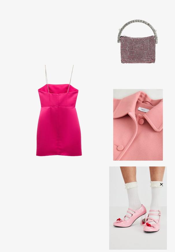 Manteau en laine rose avec grand col, comportant des boutons ronds et une texture lisse. Étiquette avec "NEXT" visible à l'intérieur.; Koton MINI - Robe de soirée - pink; Talons hauts en cuir verni rose avec un bout arrondi, trois brides et des embellissements en cerise. Le talon bloc transparent présente des accents floraux. Chaussettes blanches à côtes.; Petit sac à main incrusté de strass roses et doté d'une poignée incurvée composée de gros bijoux clairs.