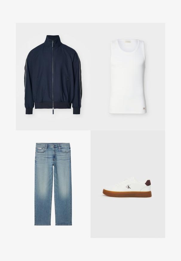 Veste bombe en bleu marine avec col haut, fermeture éclair, poches latérales et rayures blanches contrastantes le long des manches. Texture lisse.; Débardeur blanc à côtes sans manches avec encolure ronde et petite étiquette logo Calvin Klein près de l'ourlet sur fond uni.; Jean droit en denim bleu clair avec détails délavés, bouton et fermeture éclair devant, et design à cinq poches incluant une petite étiquette Calvin Klein sur la poche.; Baskets blanches avec une semelle en gomme, des lacets plats et un accent en daim marron au talon. Présente un logo "cK" discret en relief sur le côté.