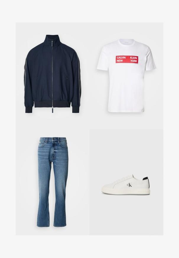 Veste bombe en bleu marine avec col haut, fermeture éclair, poches latérales et rayures blanches contrastantes le long des manches. Texture lisse.; T-shirt en coton blanc avec un graphique textuel rectangulaire rouge audacieux : "CALVIN NEW KLEIN YORK." Manches courtes et design à col rond.; Jeans en denim bleu clair avec une coupe droite et une légère évasée. Comprend cinq poches, une fermeture à bouton et des détails de décoloration subtils.; Baskets en cuir blanc avec un bout arrondi, semelle en caoutchouc plate et accent de talon noir. Présente un logo Calvin Klein noir prominent sur le côté.