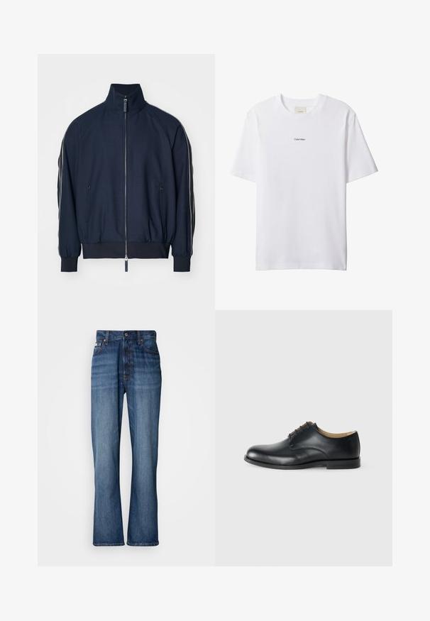 Chaqueta bomber azul marino con alto cuello, cierre de cremallera, bolsillos laterales y franjas blancas en contraste a lo largo de las mangas. Textura suave.; Camiseta blanca de algodón con cuello redondo y mangas cortas. Cuenta con un pequeño logo negro de "Calvin Klein" centrado en el pecho.; Jeans de mezclilla azul con cintura alta, piernas acampanadas, diseño de cinco bolsillos y costuras tonales. Cuenta con cierre de botón y bolsillos remachados.; Calvin Klein ESS DERBY - Zapatos de vestir - triple black