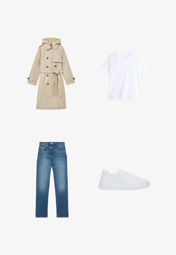 Manteau trench long beige avec capuche, design croisé, grands boutons et taille cintrée par une ceinture. Le tissu semble lisse et léger.; T-shirt en coton blanc à manches courtes, col rond et ourlet droit. Présente une petite étiquette logo rouge sur le bas côté gauche.; Jean droit bleu en denim avec bouton et fermeture éclair à l'avant, style cinq poches et détails légèrement délavés sur les cuisses et les genoux.; Baskets blanches en cuir avec un bout rond, des lacets plats et une semelle en caoutchouc épaisse. Texture lisse avec des détails de couture minimes.