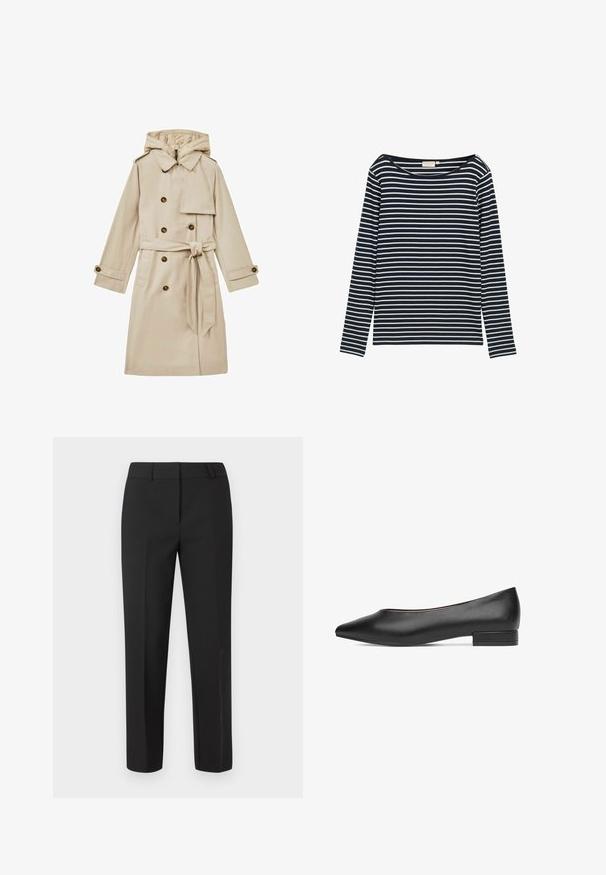 Manteau trench long beige avec capuche, design croisé, grands boutons et taille cintrée par une ceinture. Le tissu semble lisse et léger.; Shirt rayé bleu marine et blanc à manches longues avec un grand col, fabriqué à partir d'un matériau doux, présentant des rayures horizontales uniformément espacées.; Pantalon noir sur mesure avec une coupe droite, taille plate et sans ornements visibles. Fabriqué dans un tissu lisse avec une finition nette.; Ballerine en cuir noir avec un bout pointu et un petit talon bloc. Texture lisse avec un design minimaliste, sans quincaillerie ni motifs visibles.