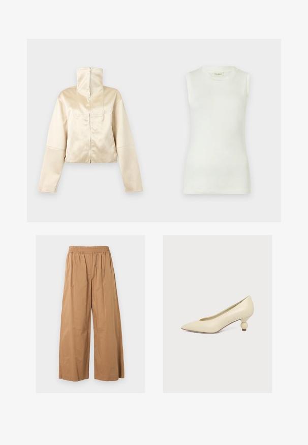 Beige, cropped jakke med lange ærmer, høj lynlåsskrave og lynlåslukning foran, vist på en ensartet lys baggrund.; Hvid ærmeløs top lavet af blød bomuld, med rund halsudskæring og tætsiddende silhuet. Glat tekstur uden synlige mønstre eller detaljer.; Beige bukser med vide ben, elastik i taljen og folder, frontsømme detaljer, vist på en ensfarvet lys baggrund.; Kremfarvet pump med spids tå og lav, unik pæreformet hæl på ensfarvet hvid baggrund.