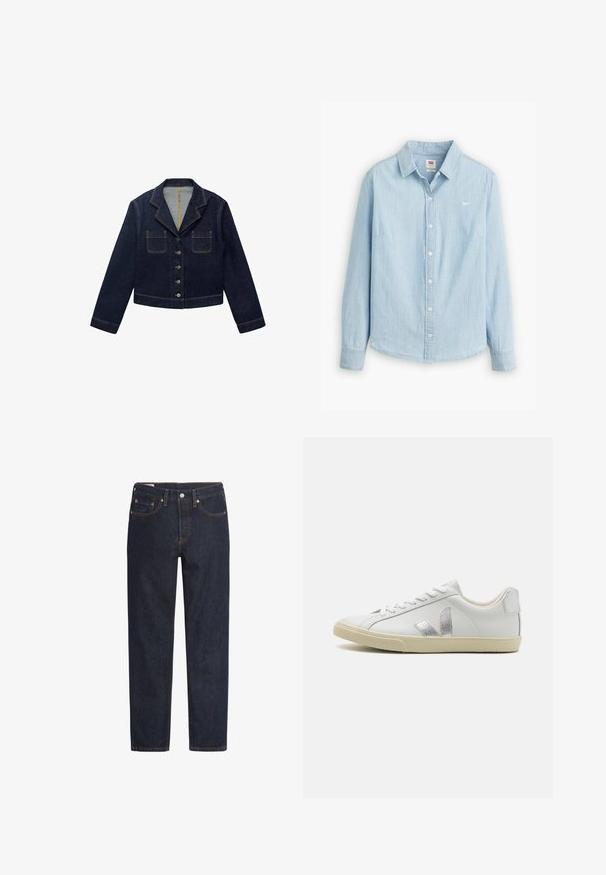 Mørkeblå denimjakke med klapkrave, to forlommer og knaplukning. Har synlige sømme og en cropped design.; Lyseblå skjorte med knapper lavet af blødt denimstof. Har en klassisk krave og lange ærmer, med et lille logo på brystet.; Mørkeblå denimjeans med lige snit, fem-lomme design, kobbernitter og orange syninger langs sømmen.; Hvide Veja sneakers med en struktureret sølv logo, flade snørebånd og en beige gummisål, med en glat læderoverdel og lavprofil design.
